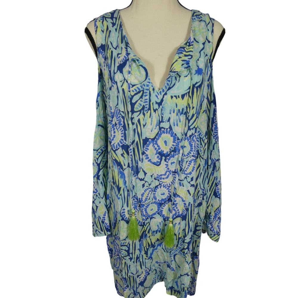 Lilly Pulitzer Large Benicia Cold Shoulder Tassel Dress Floral Boho Beachy
